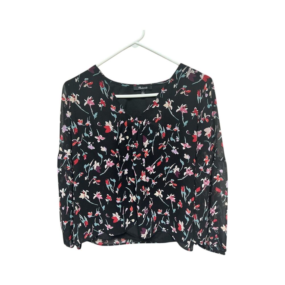 Madswell Small Black Floral Blouse Long Sleeve V Neck Top